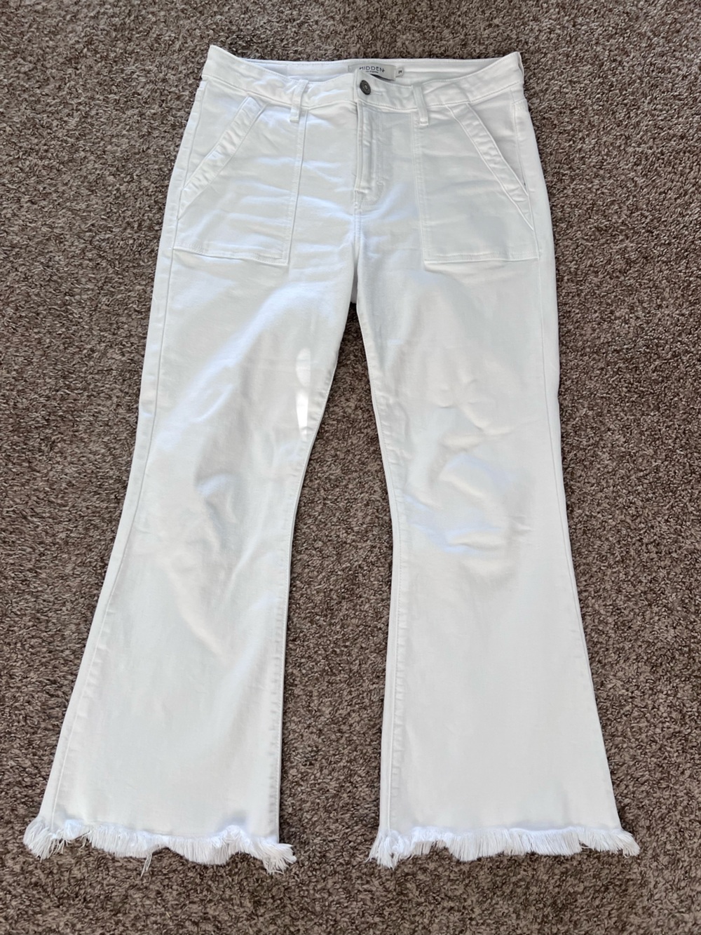 Buckle Hidden White Frayed Hem Flare Ankle Jeans
